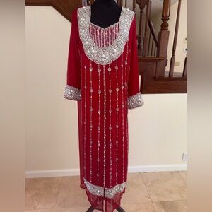 Elegant Red Embellished Dress Kaftan